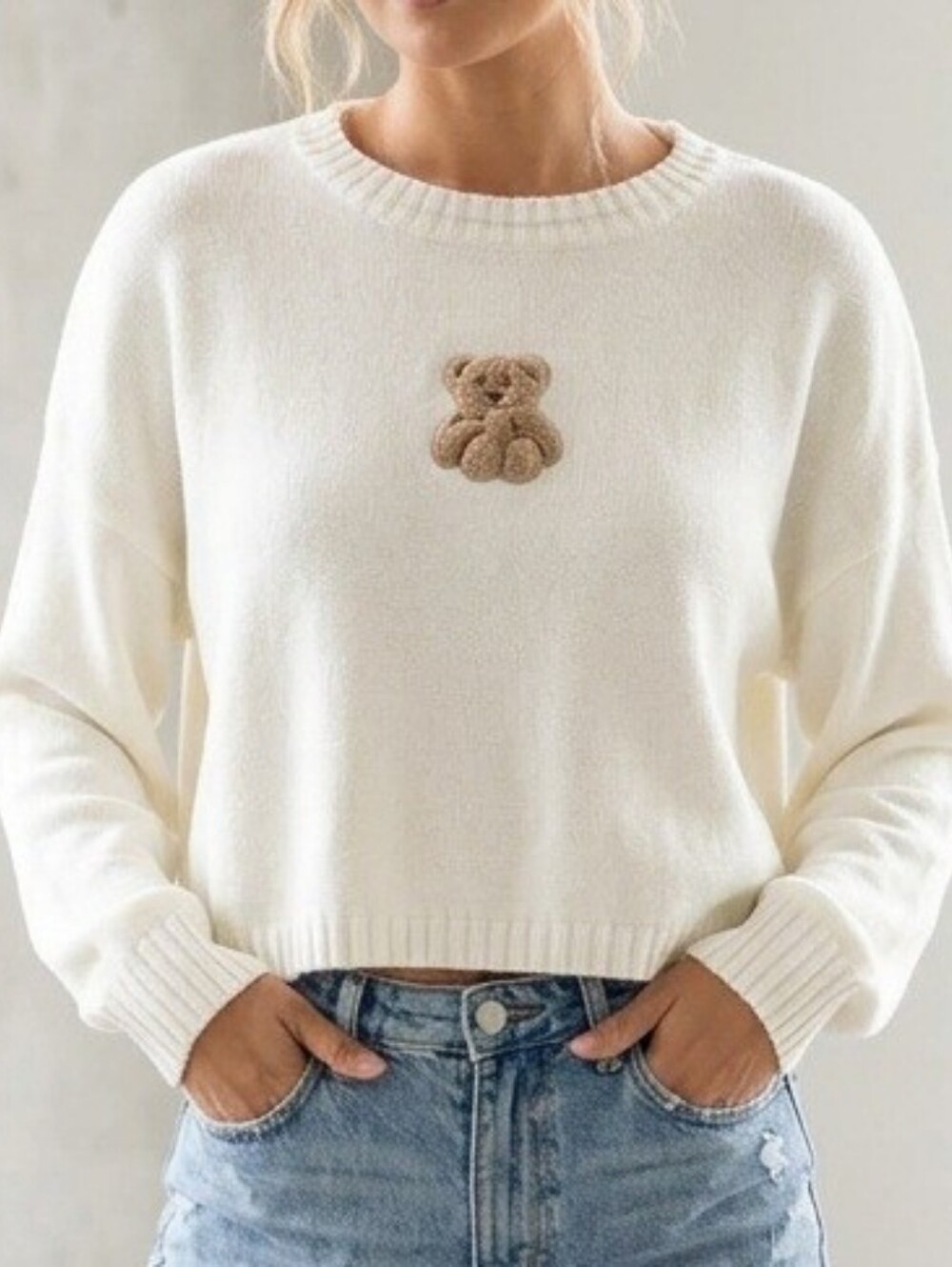 447. NWOT - SINCERELY JULES Crewneck Sweater with Chenille Teddy Bear Appliqué